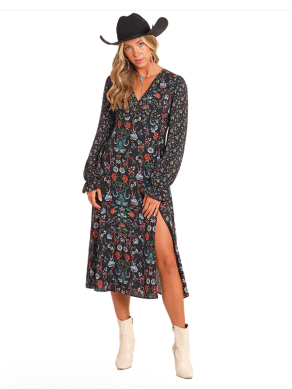 Rock & Roll Cowgirl Floral Long-Sleeve V-Neck Midi Dress - Black Floral